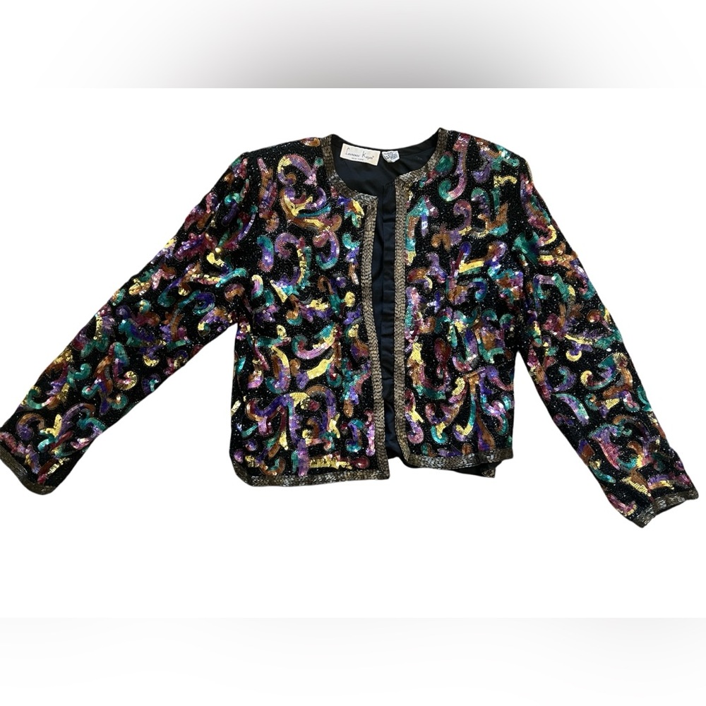 Laurence Kazar Vintage Black Multicolor Sequin Beaded Blazer | Large